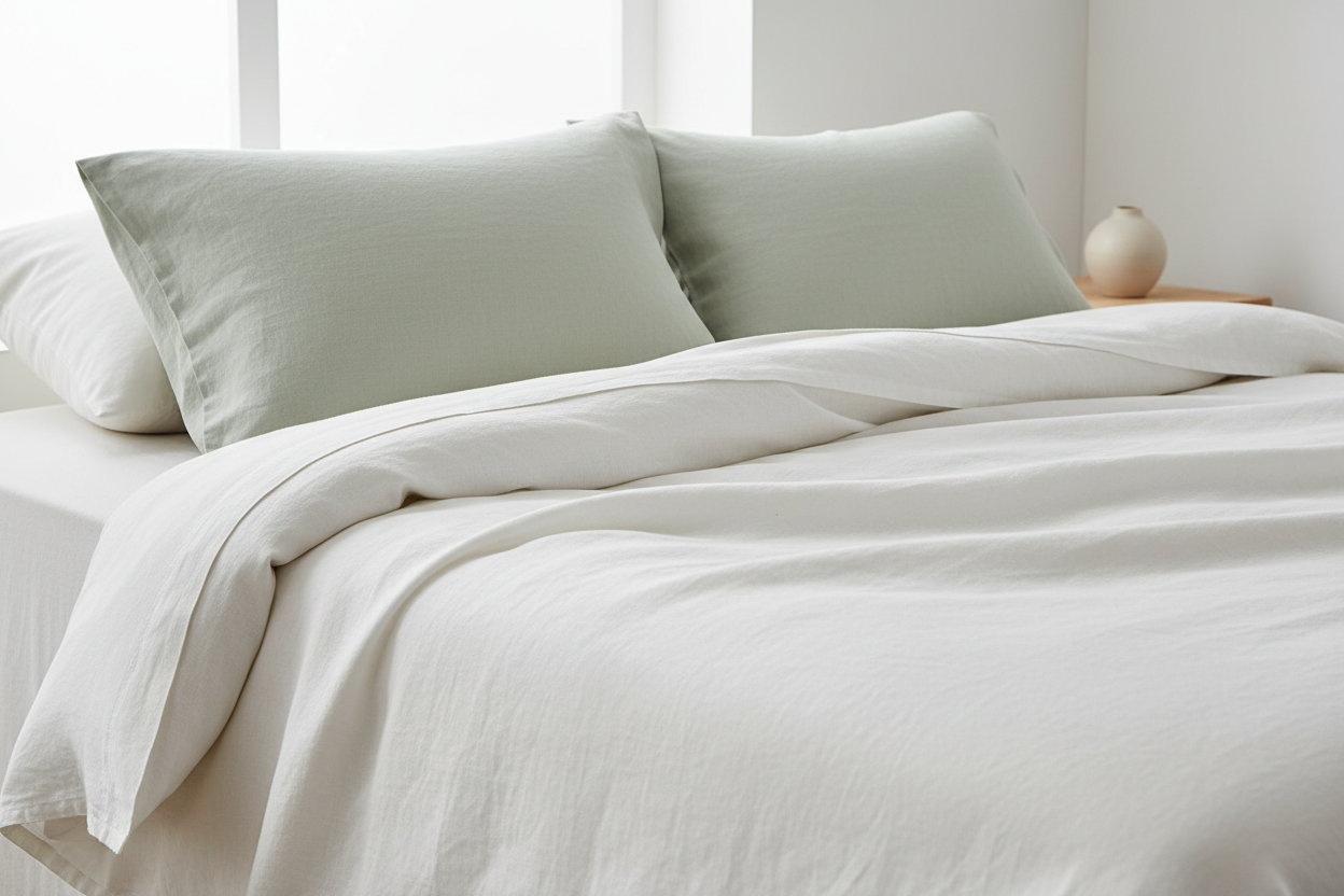 the focus is on the linen bedding. make it look natural and clean. there does not even need to be a human in it